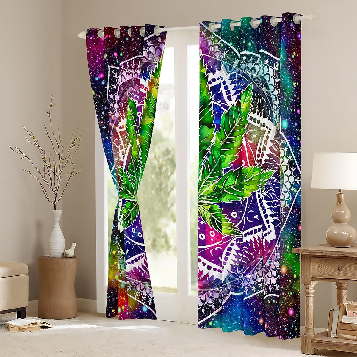 Feelyou Blackout Curtains for Kids - Green Marijuana Leaf & Boho Mandala Design, 30%-50% Light Blocking, 2 Panels (52x96 Inch) - Perfect for Bedroom, Nursery, or Dorm Room Window Treatments