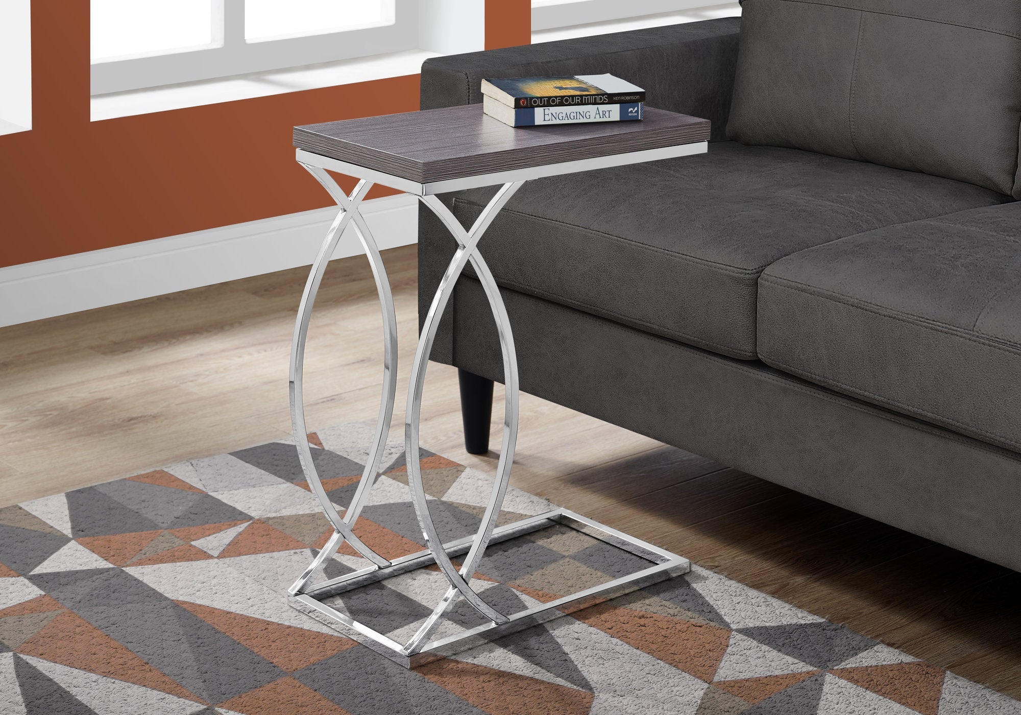 Modern Grey Accent Table with Chrome Metal Base - Perfect for Living Room, Bedroom, or Office Decor