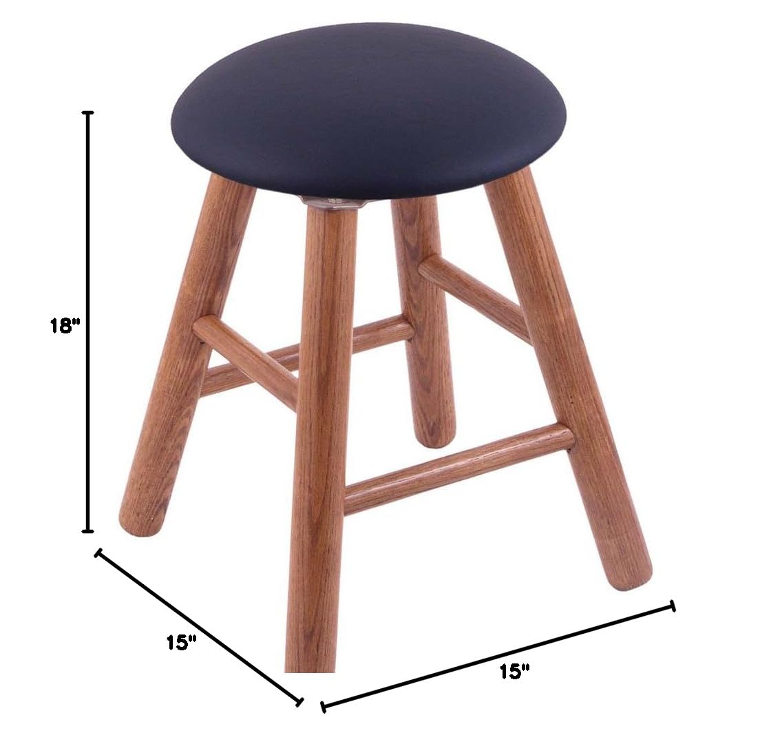 Oak Vanity Stool with Dark Blue Allante Seat - Medium Finish Wooden Bathroom Stool for Makeup Dressing Table, Bedroom Decor & Vanity Area
