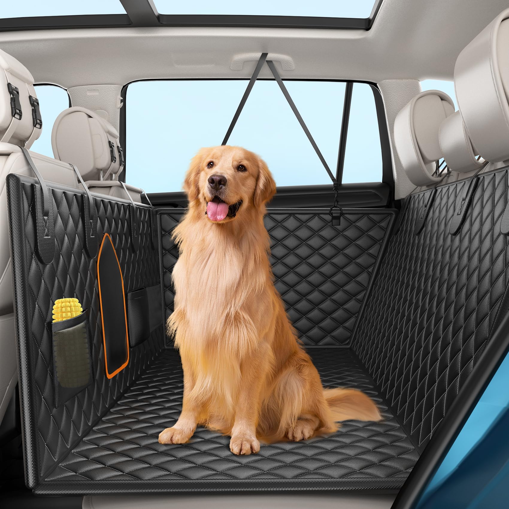 XXL Truck Back Seat Extender for Dogs - Heavy Duty 400LB Capacity Dog Car Seat Cover with Hard Bottom Support | Waterproof Pet Seat Protector with Mesh Window & Storage Pockets | Full-Size Truck & SUV Hammock for Travel, Camping & Outdoor Adventures
