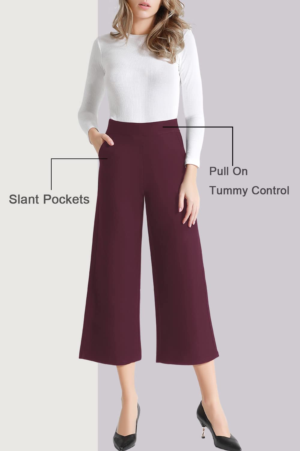 Tsful Women's Wide Leg High Waisted Dress Pants - Stretchy Business Casual Trousers for Work | Summer Office Capris & Pull-On Slacks for Professional & Everyday Wear