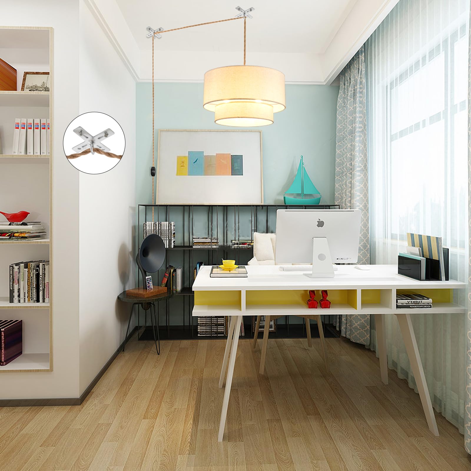 2-Tier Drum Linen Plug-in Pendant Light with 15ft Hemp Rope & Dimmable E26 Switch - 20