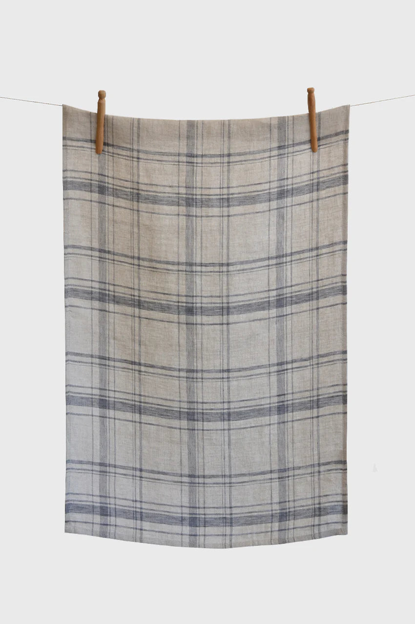 Premium Linen Tea Towels Set of 2 - Absorbent Pewter & Natural Plaid Kitchen Towels for Dish Drying, Hand Wiping & Home Decor