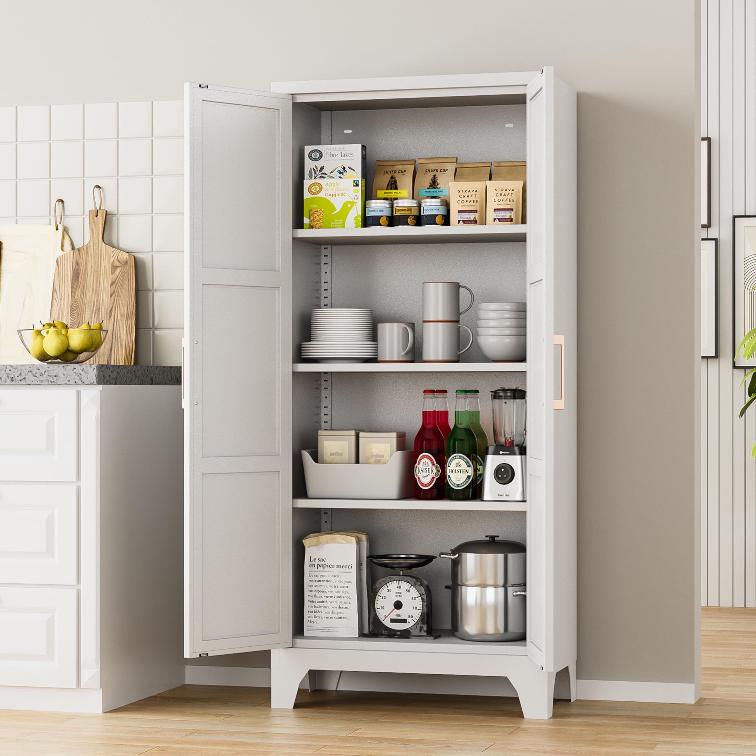 White Metal Pantry Cabinet with Adjustable Shelves & Doors - Kitchen Storage Organizer for Food, Dishes & Supplies - Perfect for Kitchen, Living Room & Dining Room - Easy Assembly Required