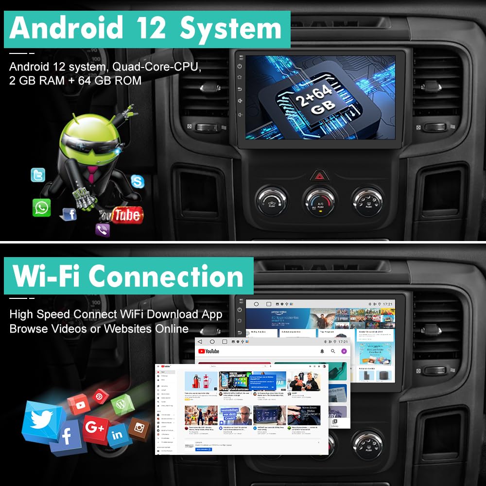 2+64GB Dodge RAM 1500 Car Stereo (2013-2018) - Wireless CarPlay & Android Auto, Bluetooth, AM/FM, GPS - Replacement Radio for Manual AC Models | Perfect for Road Trips & Daily Commuting
