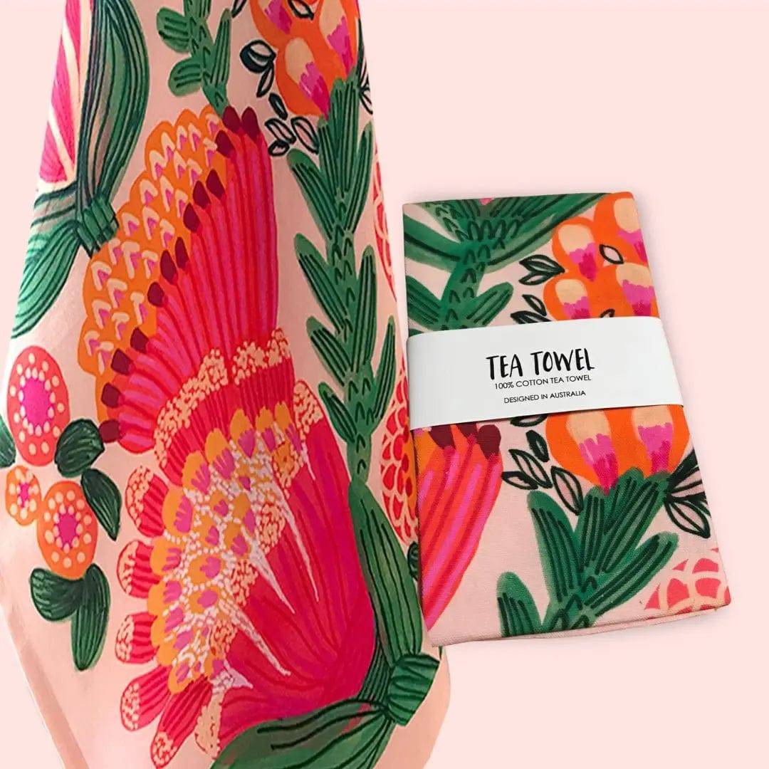 Grevillea Garden Tea Towel & Wooden Fridge Magnet Gift Set - Australian Floral Design Kitchen Accessories for Home Decor & Housewarming Gifts