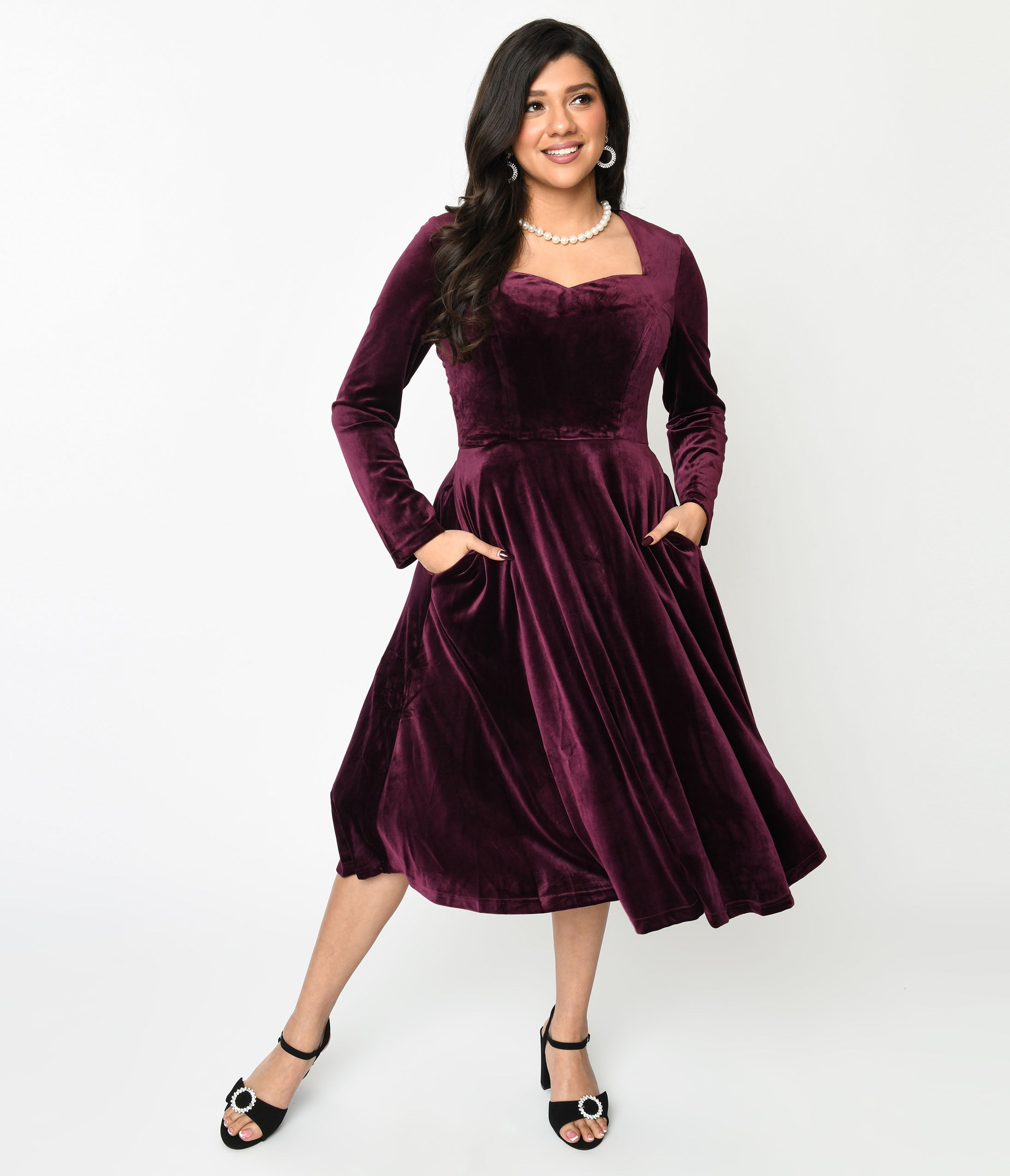 Elegant Plum Wine Velvet Swing Dress for Women - Vintage Flowy Party Dress for Evening Events, Date Nights & Special Occasions