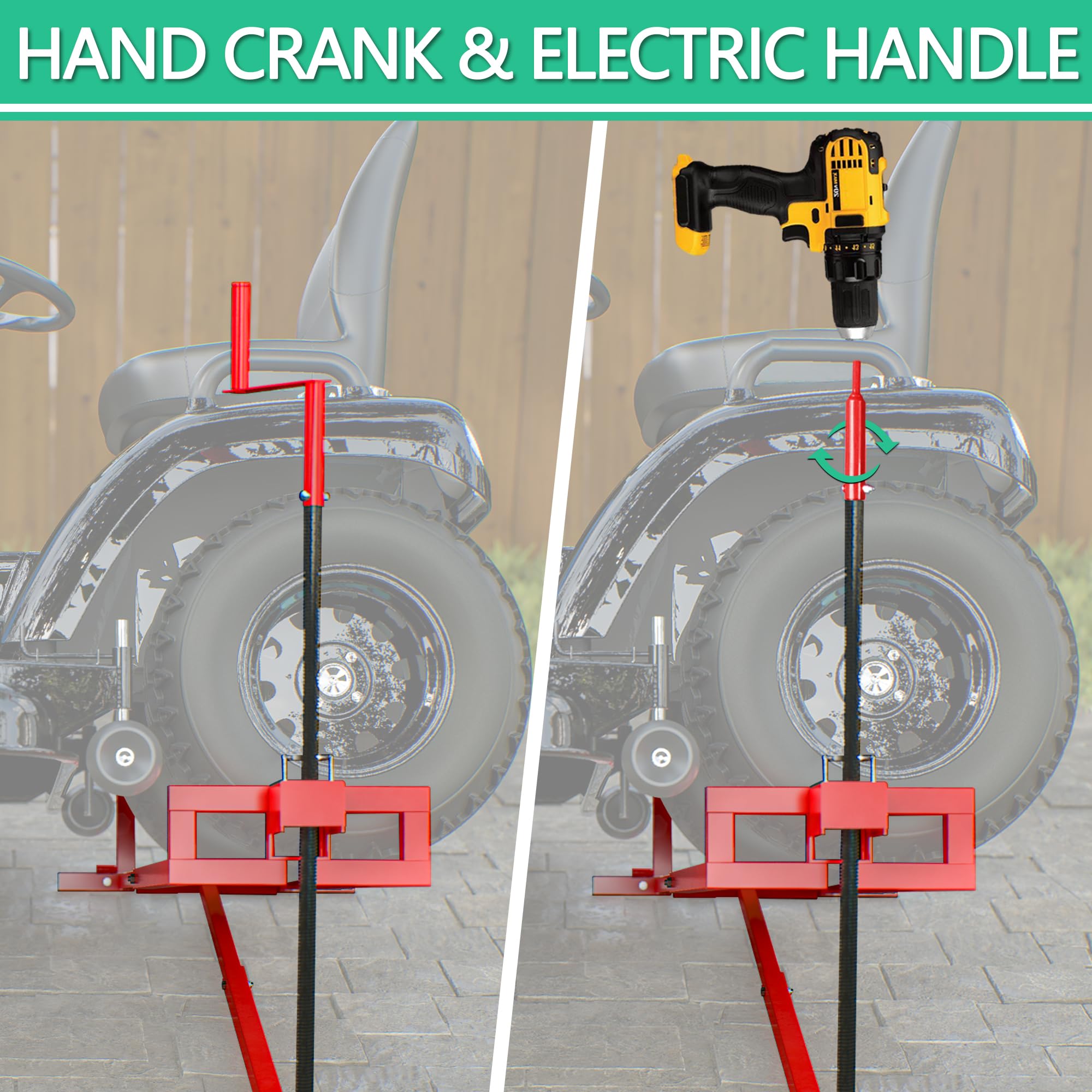 Heavy Duty Riding Mower Lift - 882LBS Capacity Lawn Tractor Jack with Manual & Power Tool Handles - Red Garden Tractor Lifting Platform for Mower Maintenance (Perfect for DIY Repairs, Tire Changes & Seasonal Storage)