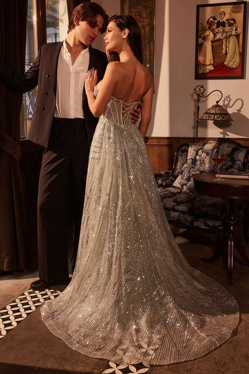 Hollis Strapless Glitter Printed Gown with Overskirt - Elegant Evening Dress for Prom, Wedding & Special Occasions