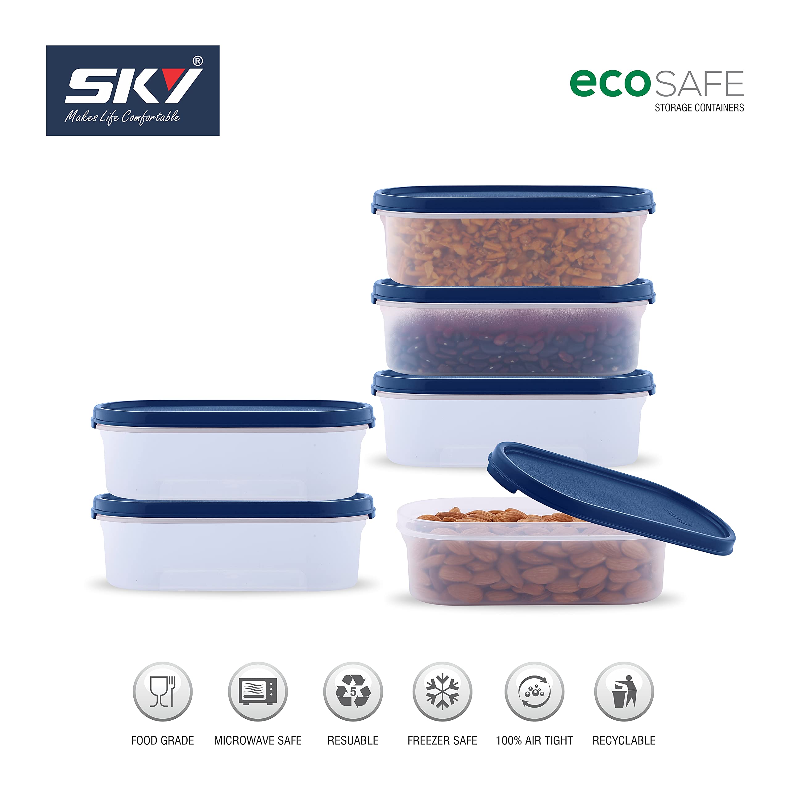SKY Oval Airtight Food Storage Containers Set - 6-Piece Modular Kitchen Organizer (600ml x6) for Rice, Flour, Sugar, Cereals & Snacks - Stackable, Space-Saving Blue Containers - Perfect for Pantry, Countertop & Meal Prep Organization