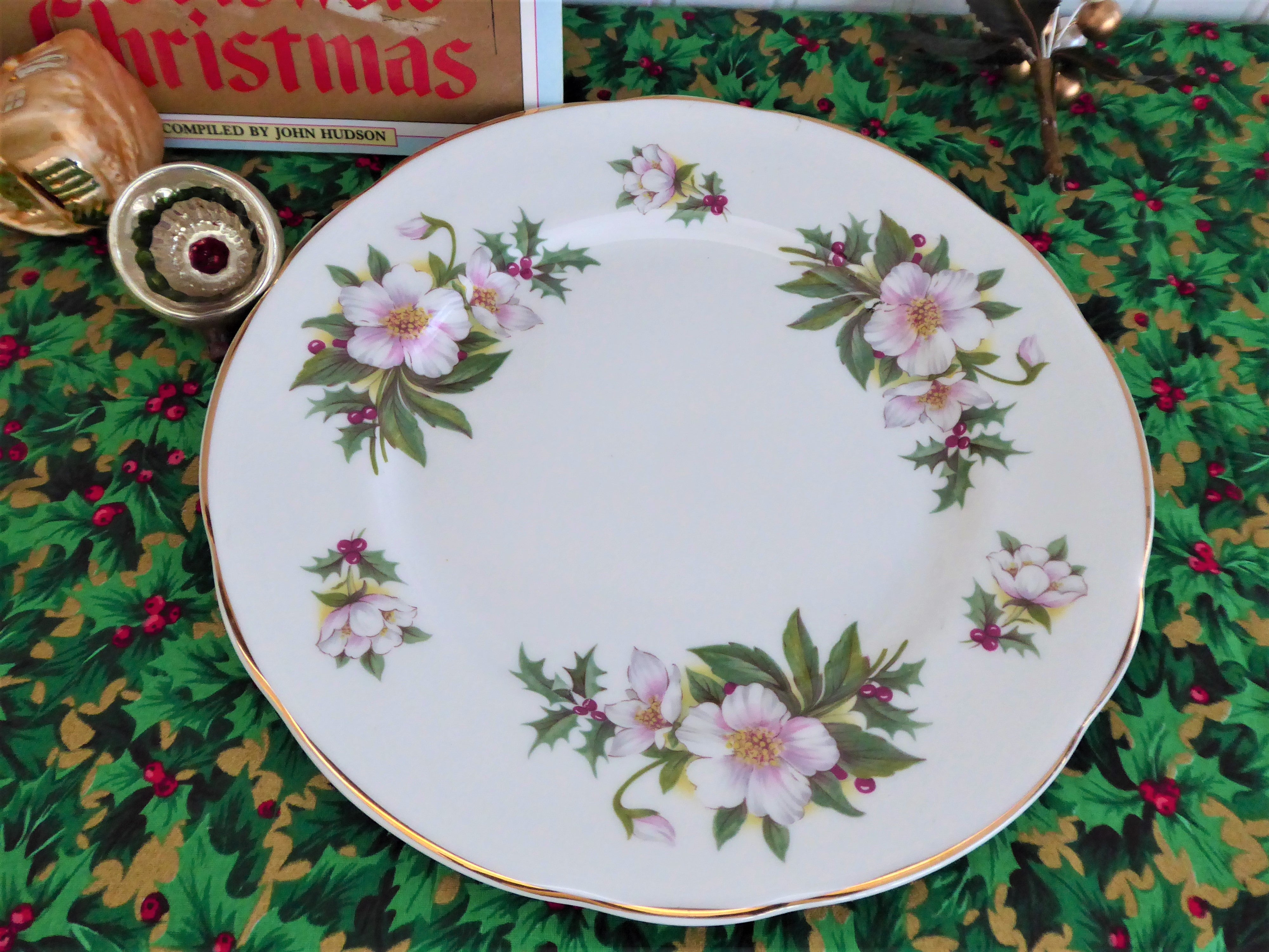 Vintage 1970s English Bone China Plate - Christmas Roses Holly Design, Salad Plate & Luncheon Plate for Holiday Dining & Collectors