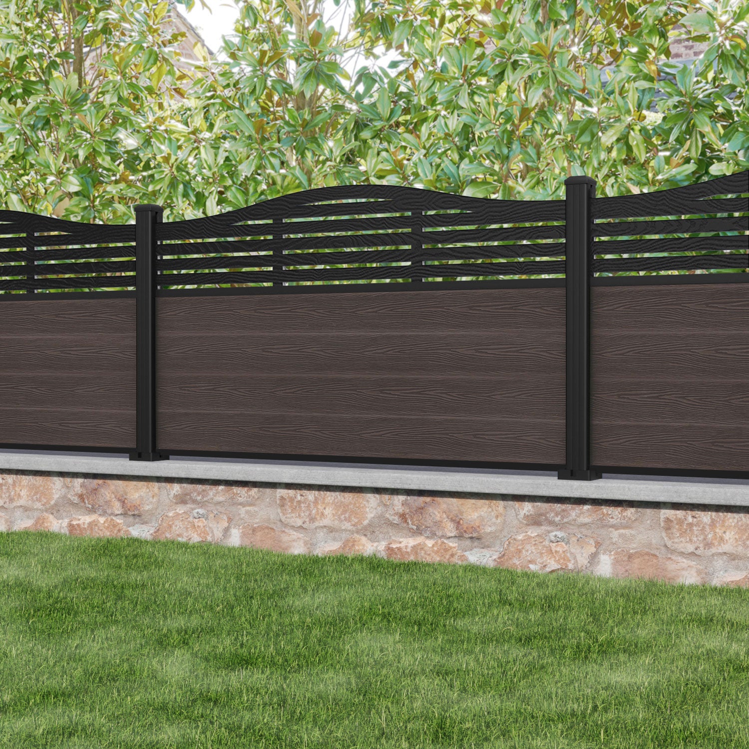 Classic Aspen Curved Top Fence Panel - Mid Brown Wood Privacy Fence with Aluminum Posts | Durable Outdoor Garden Fence for Backyard, Patio, and Poolside Landscaping