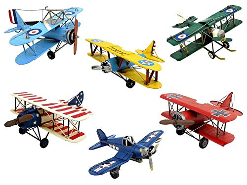 Vintage-Style Metal Airplane Decor Set of 6 - Colorful Detailed Aviation-Themed Home & Office Decorations - Perfect for Wall Art, Bookshelf Displays, and Aviation Enthusiast Gifts