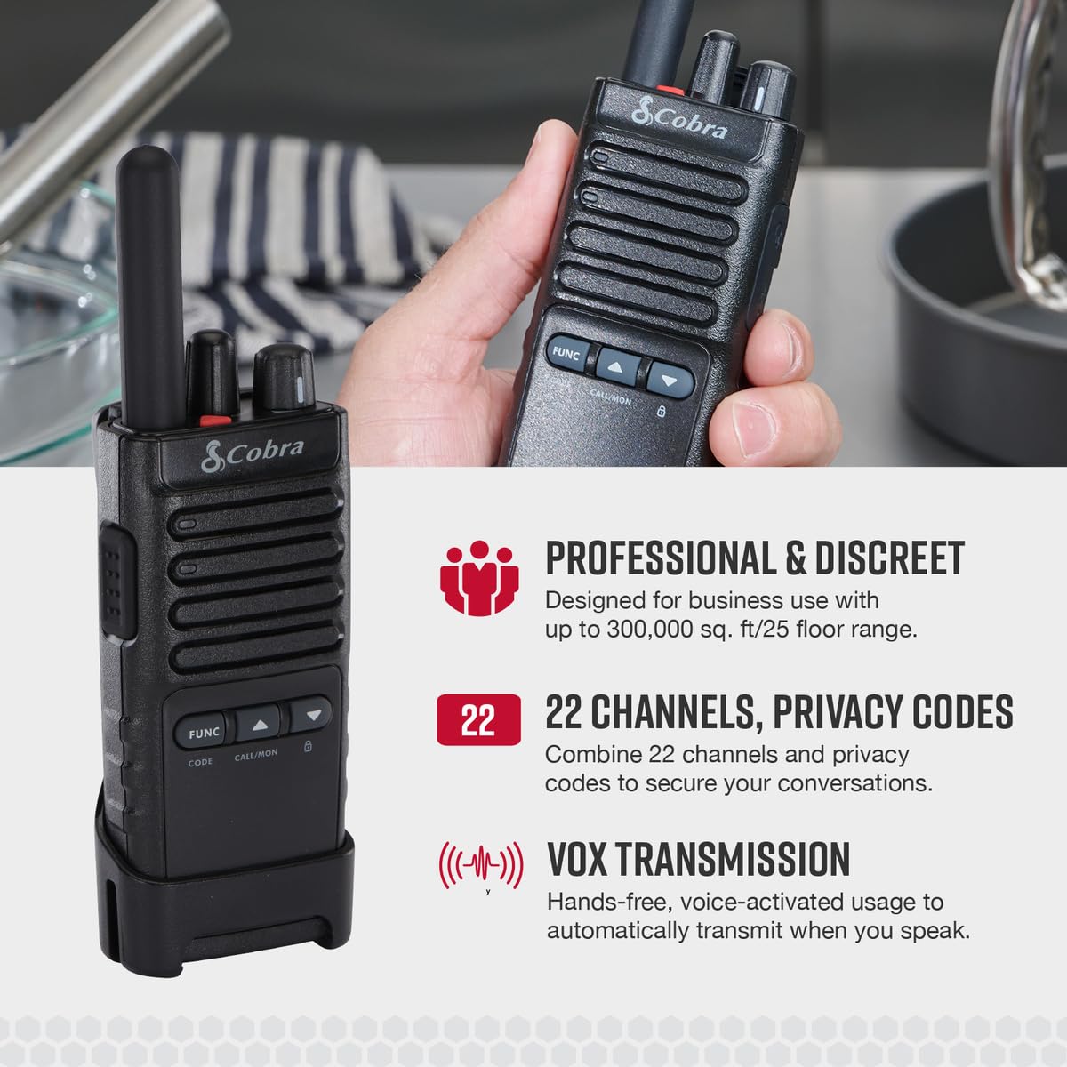 Cobra PX650 BCH6 Professional Business Walkie Talkies - Rechargeable Two-Way Radios with 300,000 sq. ft/25 Floor Range, IP54 Dust & Splashproof (6-Pack) - Ideal for Construction, Warehouses, Hotels, and Event Security Teams