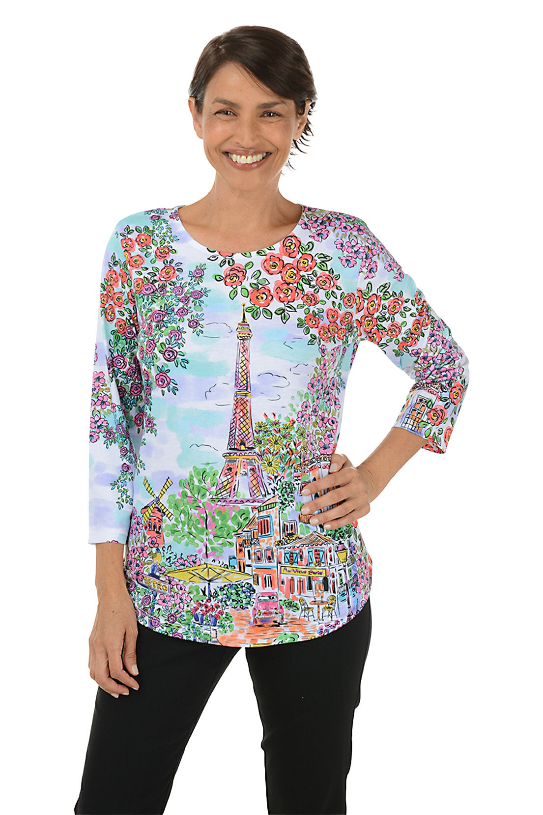 Paris Cafe Style Curved Hem Knit Top - Women's Casual T-Shirt for Coffee Dates & Weekend Outings