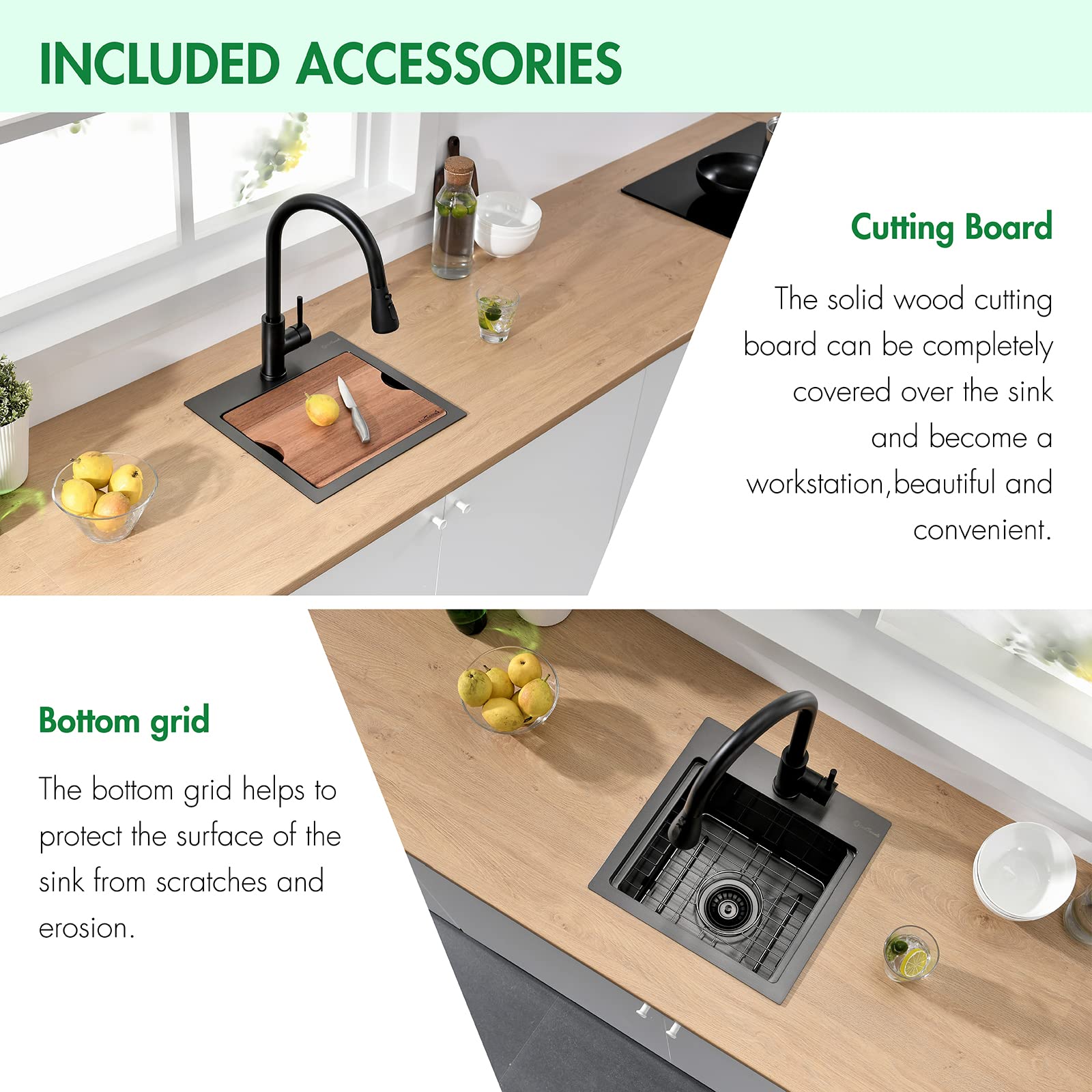 15 x 15 x 10 Inch Gunmetal Black Drop-in Kitchen Sink - 16 Gauge Stainless Steel Small Bar Prep Sink with Cutting Board | Perfect for Compact Kitchens, RV Bars & Food Preparation Stations