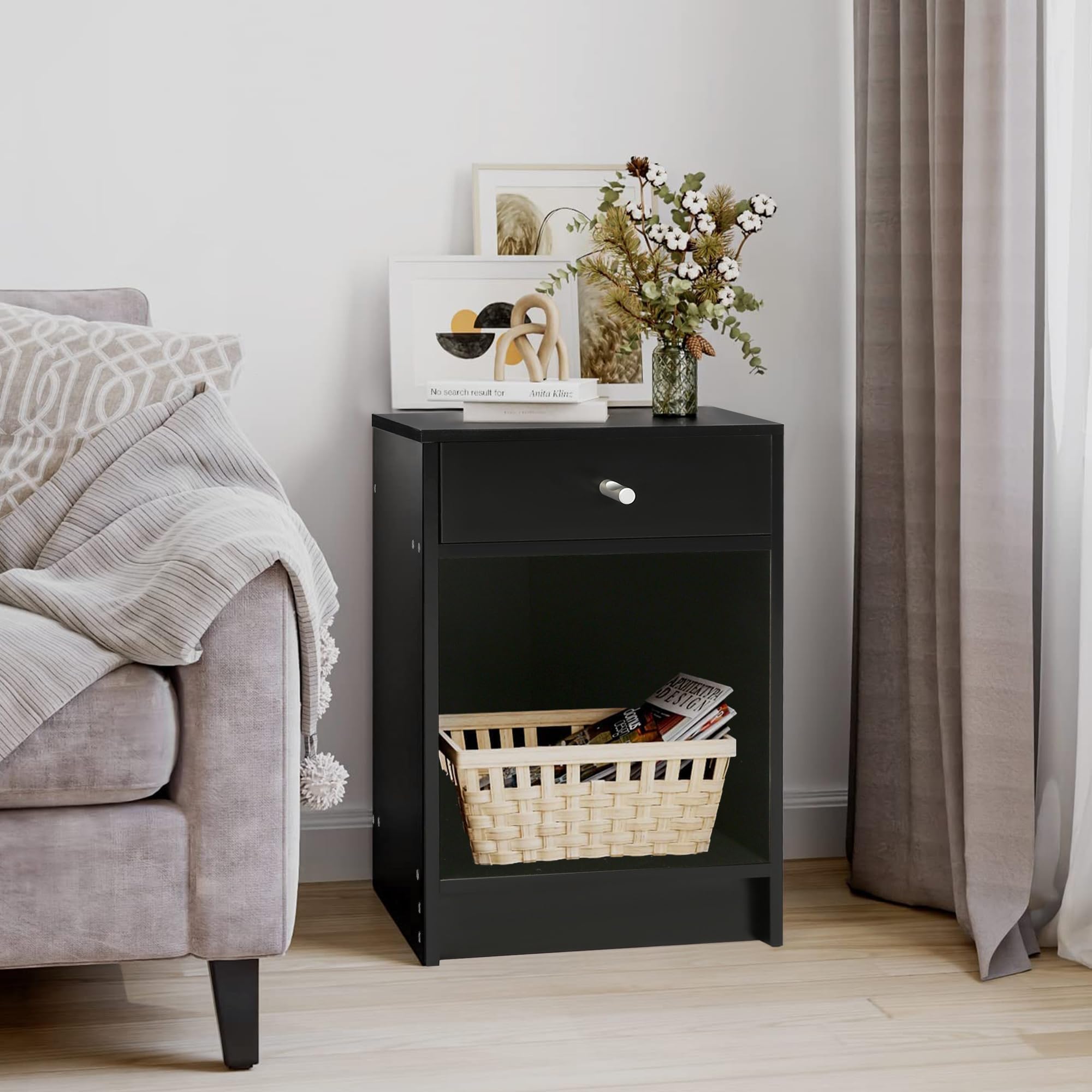 Modern Black Nightstand Set of 2 - 2-Tier Bedside Table with Sliding Drawer & Open Storage Shelf - Stylish End Table for Living Room, Bedroom, Home Office - Perfect for Small Spaces & Apartment Decor