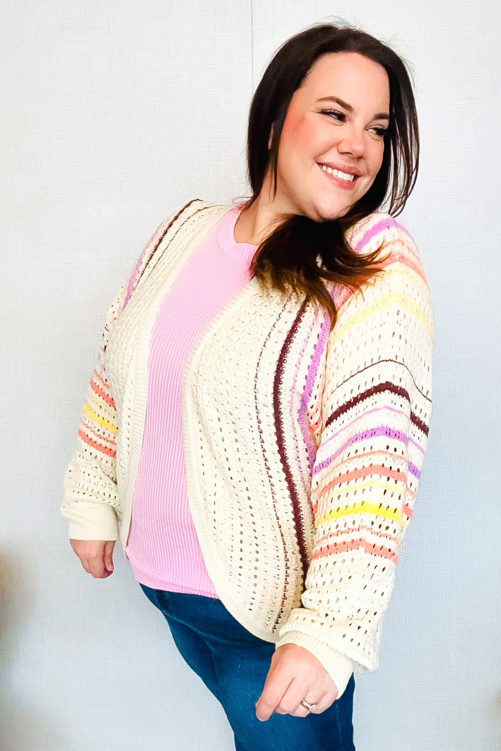 Easy Living Oatmeal Multicolor Stripe Dolman Crochet Cardigan Sweater - Cozy Boho Chic Knitwear for Women | Perfect for Fall Layering, Coffee Dates & Casual Outings