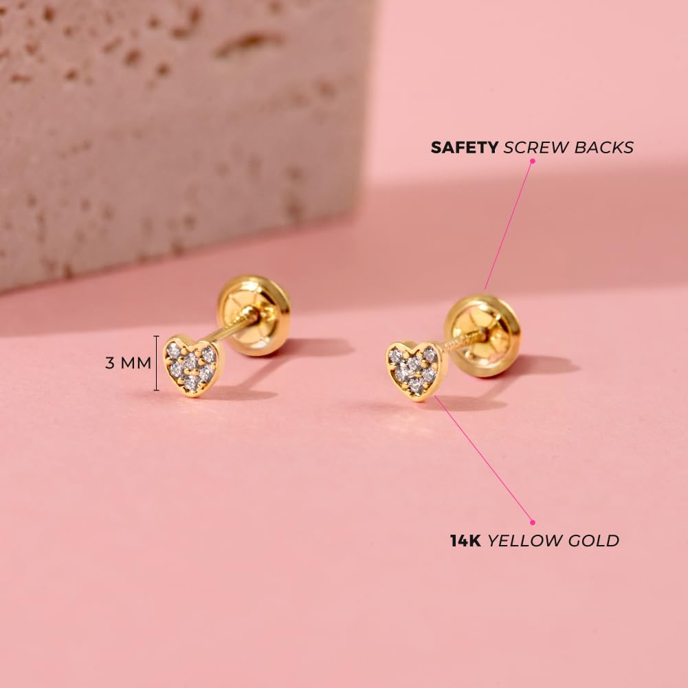 14K Yellow Gold 3mm Clear Pave Cubic Zirconia Heart Screw Back Earrings for Baby Girls & Toddlers - Tiny Round CZ Heart Stud Earrings for Children - Perfect for Birthdays, Christenings & Special Occasions