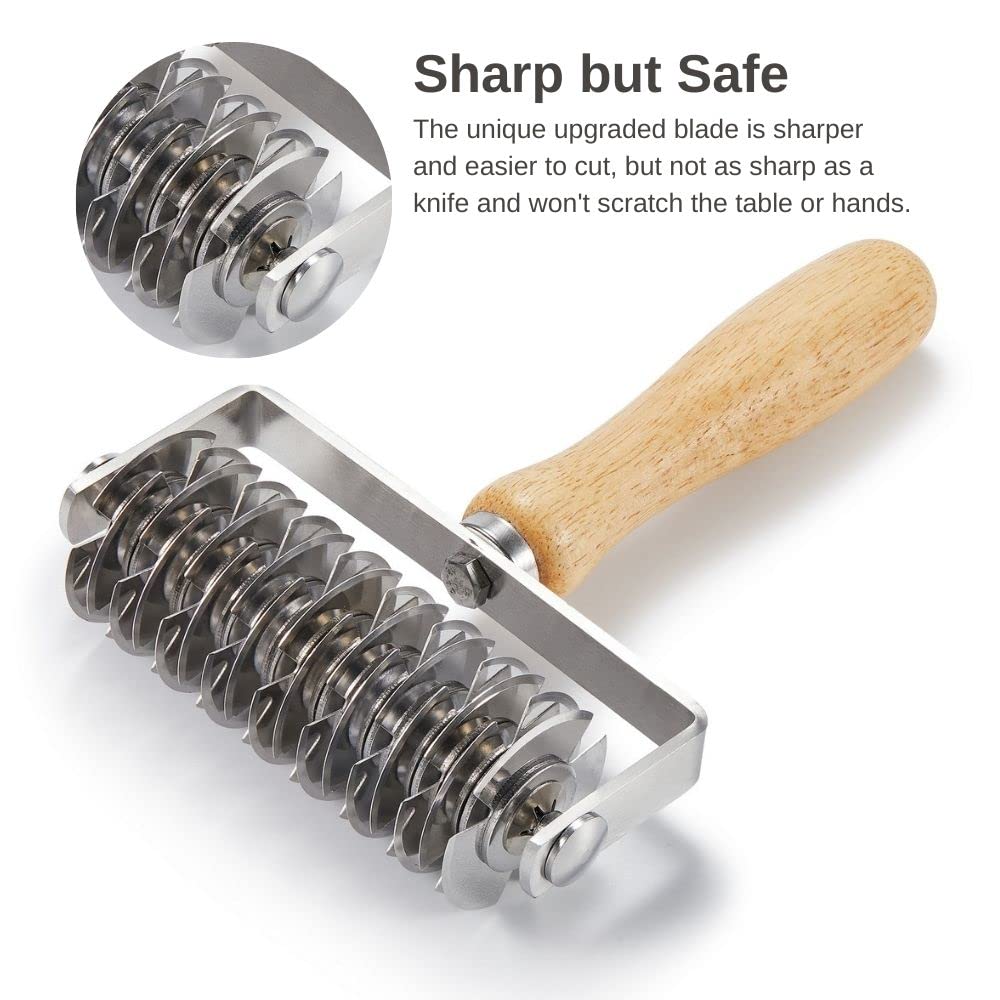 Stainless Steel Pastry Lattice Roller Cutter with Wood Handle - Professional Dough Cutter for Beef Wellington, Pie Crust, Pizza Bread, Cookies | Perfect for Baking, Pastry Making & Food Decoration
