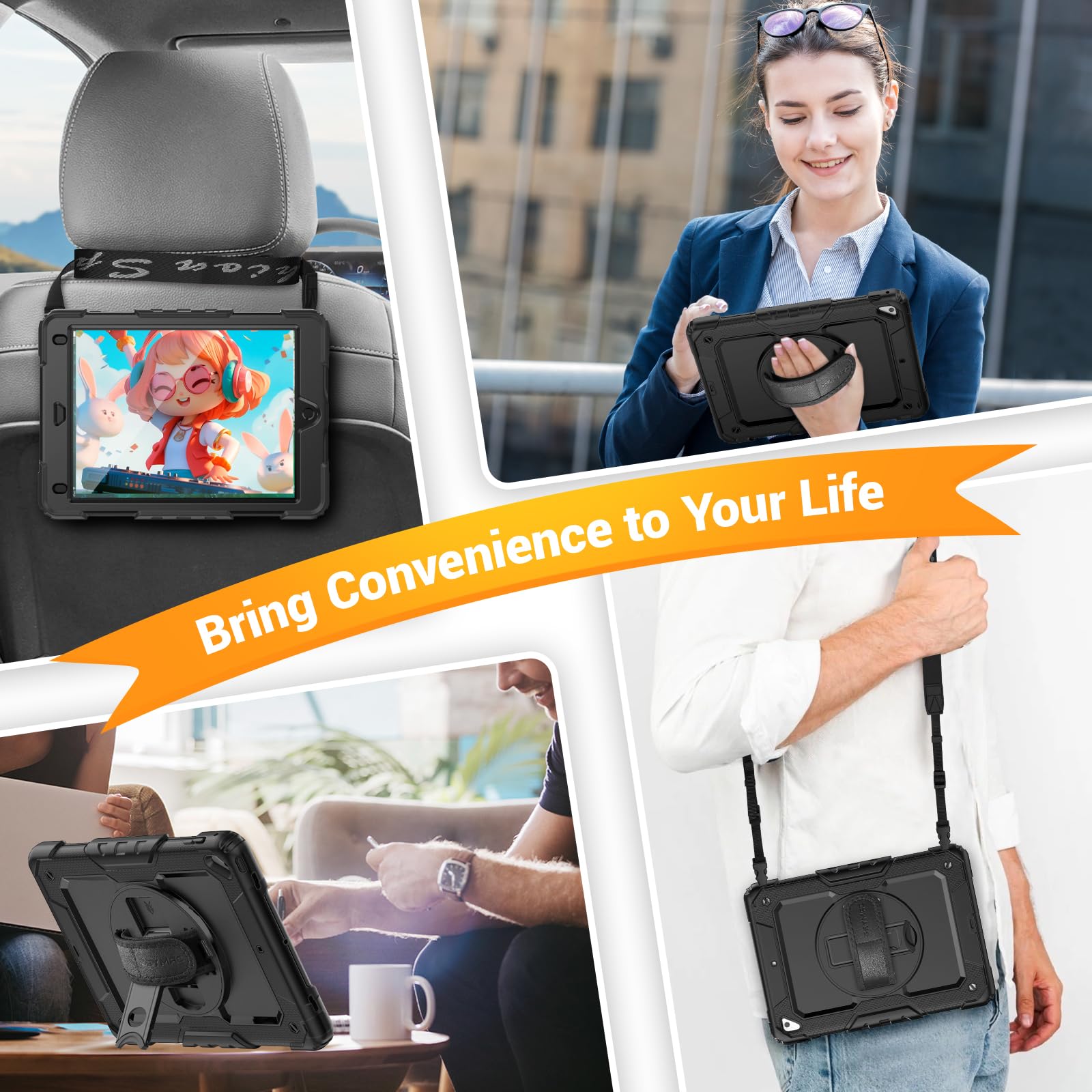 SEYMAC Shockproof Protective Case for iPad Air 2/5th/6th Gen & iPad Pro 9.7 Inch - 360° Rotating Stand with Hand/Shoulder Strap & Screen Protector (Black) | Perfect for Work, Travel & Home Use