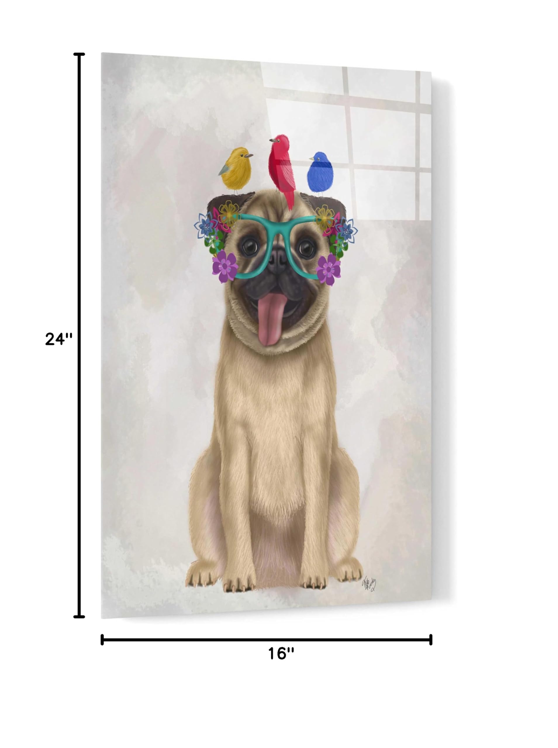 Fab Funky 'Pug and Flower Glasses' Acrylic Wall Art - 16x24 Inch Modern Dog Painting - Perfect for Living Room, Bedroom & Office Decor
