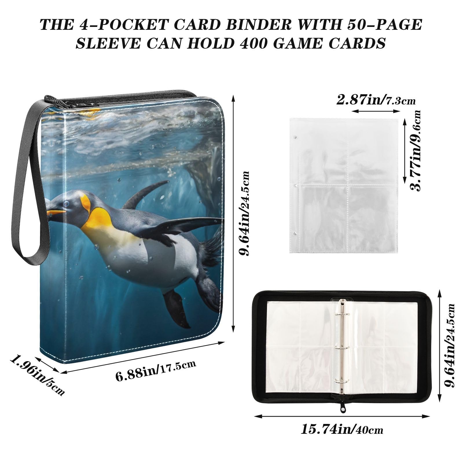 Joko Ivery Penguin Swimming 4-Pocket Trading Card Binder - PU Leather Zip Closure with 400 Side-Loading Pockets | Durable Card Holder for Sports, Gaming & Collectible Cards | Perfect for Boys, Girls & Card Game Enthusiasts | Organize Pokemon, Yu-Gi-Oh, Magic & Baseball Cards
