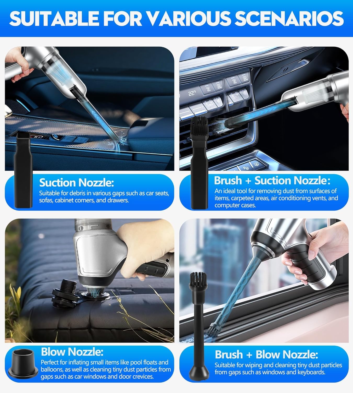 Wireless Handheld Vacuum Cleaner for Car & Home - 15000PA Strong Suction, USB-C Rechargeable, 3-in-1 Multifunctional with Brushless Motor | Perfect for Keyboard Cleaning, Car Detailing, Sofa & Pet Hair Removal