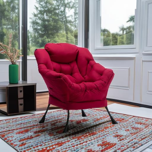 HollyHOME Modern Fabric Oversized Lazy Chair - Thick Padded Comfy Lounge Chair with Armrest, Steel Frame Accent Reading Chair for Living Room, Bedroom, Dorm (Burgundy) | Perfect for Relaxing, Reading & Napping