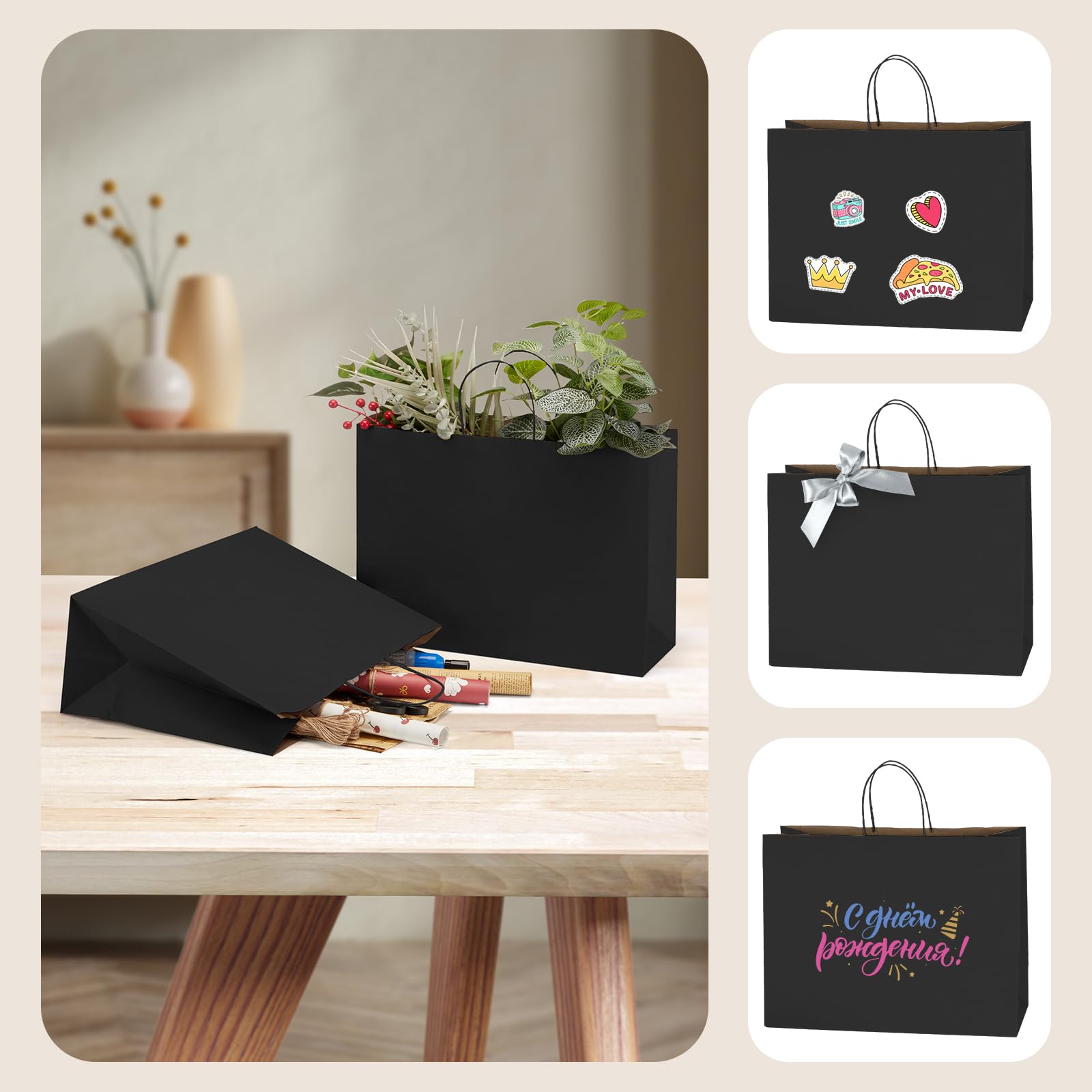 Black Kraft Paper Gift Bags 16x6x12in - 100PC Bulk with Handles | Eco-Friendly Party Favors for Birthdays & Weddings