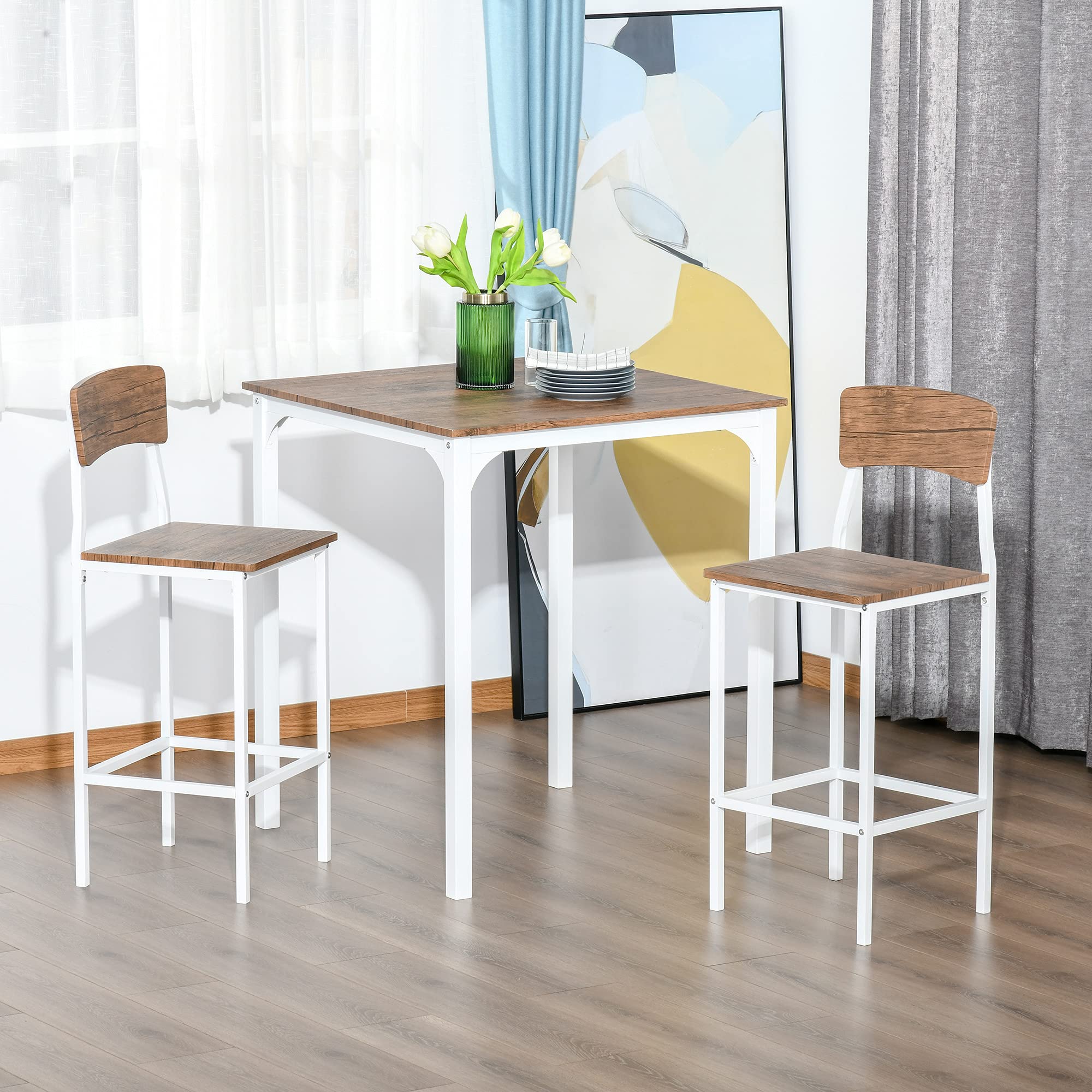 HOMCOM 3-Piece Counter Height Bar Table and Chairs Set, Industrial Style Small Dining Table Set for 2, Square Kitchen Table with Stools, Steel Frame in Walnut & White - Perfect for Small Spaces, Breakfast Nooks, and Modern Apartments