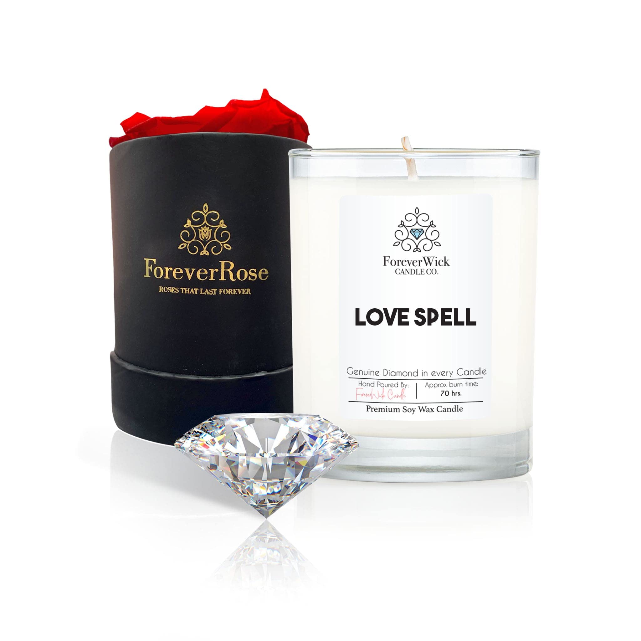 Love Spell & Rose Scented Soy Candle with Diamond Inside - 14oz All-Natural Organic Candle (70h Burn Time) | Foreverwick Romantic Anniversary Gift for Women | Perfect for Date Nights, Weddings & Relaxation