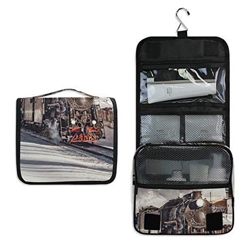 Steam Train with Smoke Moving in Snow Winter - Women's Travel Cosmetic Bag | Hanging Toiletry Wash Bag | Portable Makeup Organizer & Brush Case | Storage Bag with Hook for Bathroom, Toilet & Travel