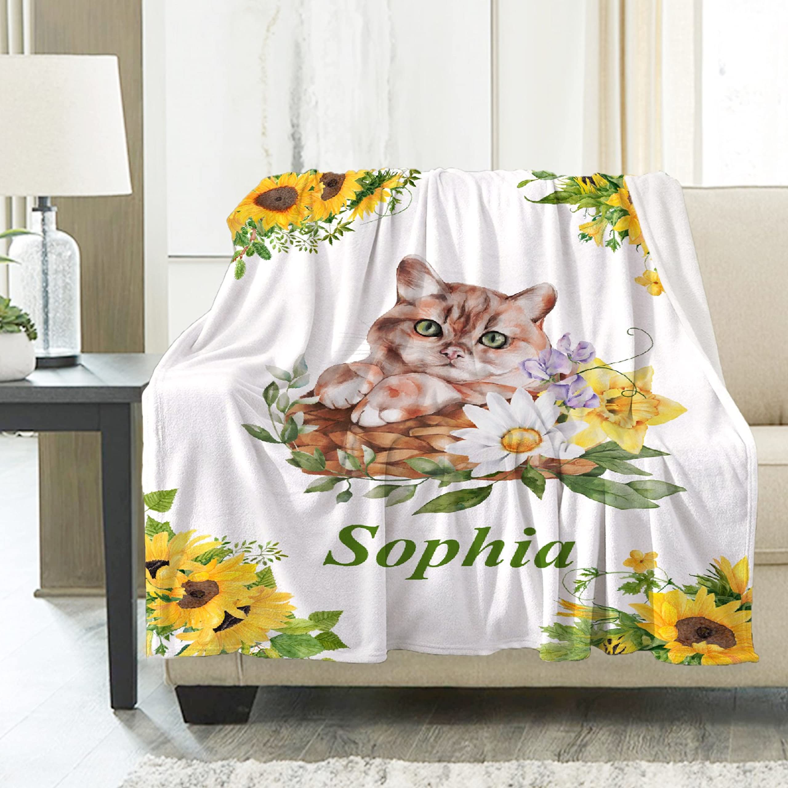 Personalized Baby Blanket with Name - Ultra Soft Flannel Fleece Blanket for Boys & Girls - Custom Cat & Flower Design - 90