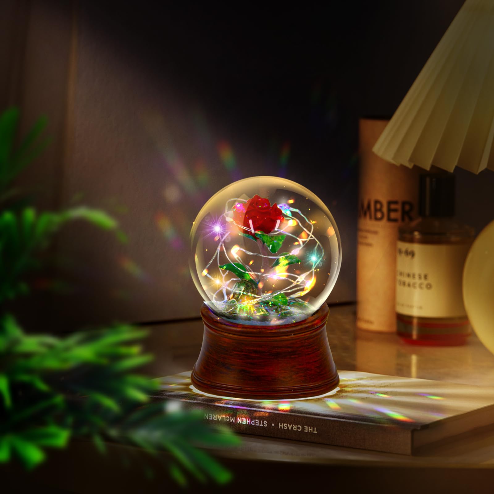 LED Light Up Rose Snow Globe Music Box with Preserved Red Flower - Romantic Water Globe Gift for Women, Girls (Mother's Day, Anniversary, Christmas) - Perfect for Bedroom Decor, Wedding Centerpiece & Valentine's Day Surprise