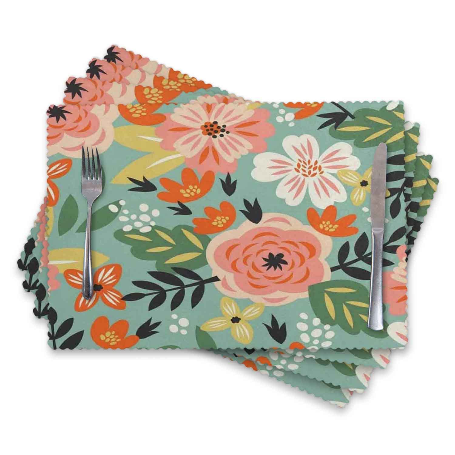 Set of 4 Floral Print Vintage Placemats - Non-Slip, Heat Resistant & Washable Table Mats for Dining, Kitchen Decor & Party Settings
