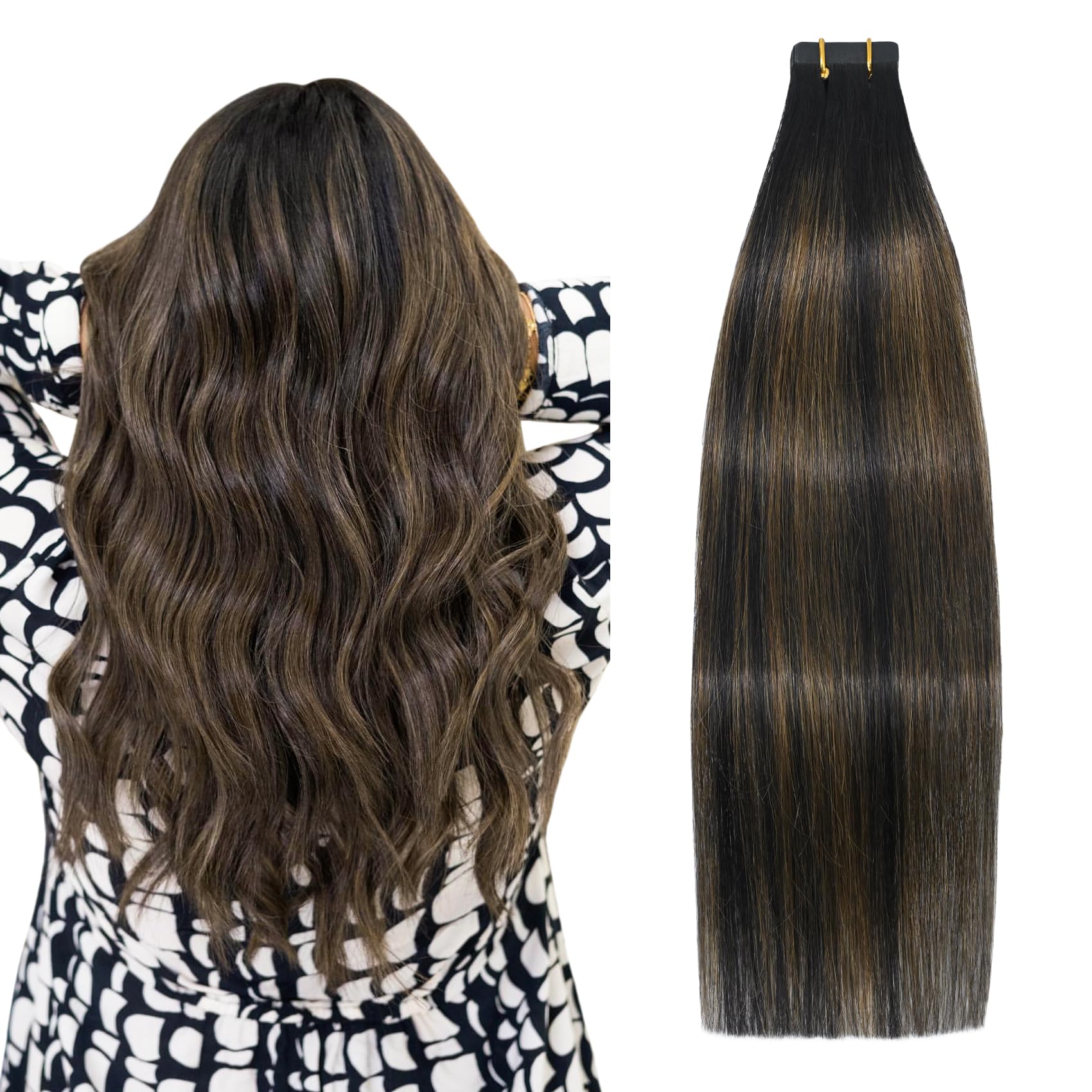 Ombre Black to Light Brown Human Hair Extensions 16 Inch - Silky Straight 30g 20pcs Natural Black to Chestnut Brown Highlight Tape-in Hair | Perfect for Daily Styling, Parties & Special Occasions