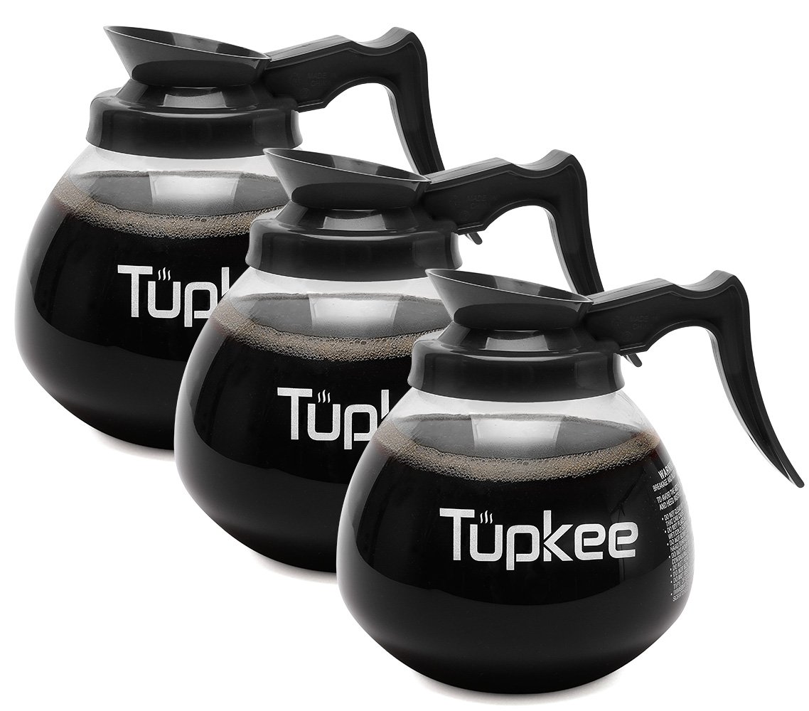 Premium 64 oz Glass Coffee Carafe with Black Handle - 12-Cup Capacity, Set of 3 + Bonus Coffee Machine Descaler - Perfect for Drip Coffee Makers, Espresso Machines & Keurig Brewers - Ideal for Home, Office & Restaurant Use
