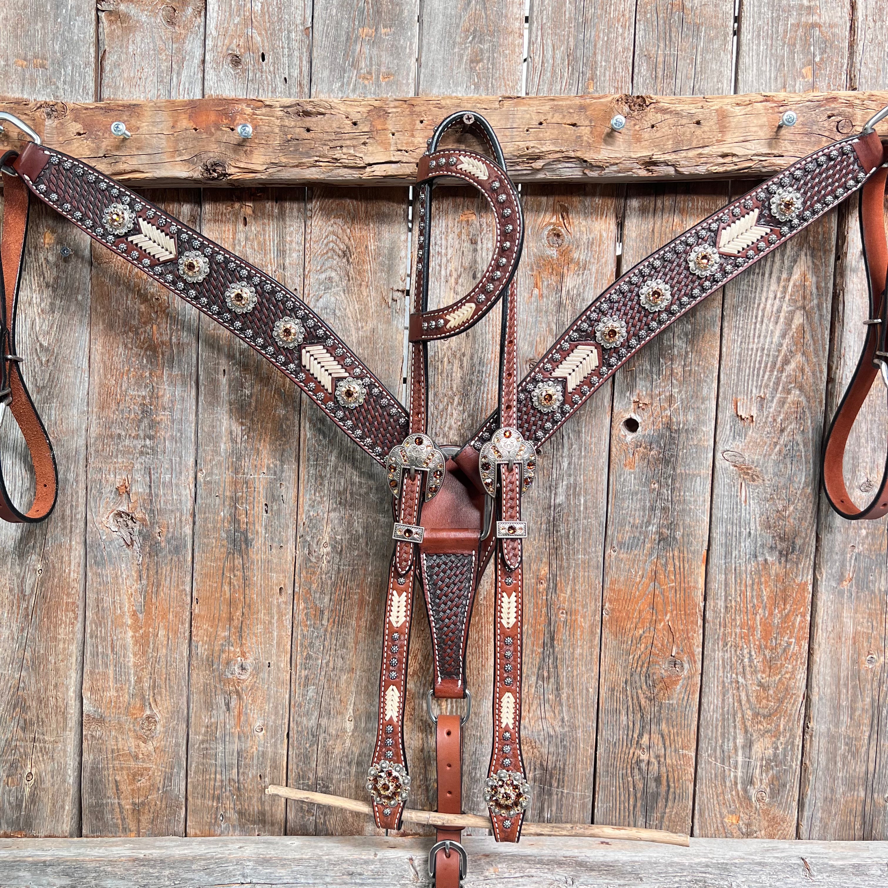 Premium Rawhide Topaz/Champagne One Ear & Breastcollar Horse Tack Set OEBC585 - Western Riding, Trail & Show Equipment for Equestrian Enthusiasts