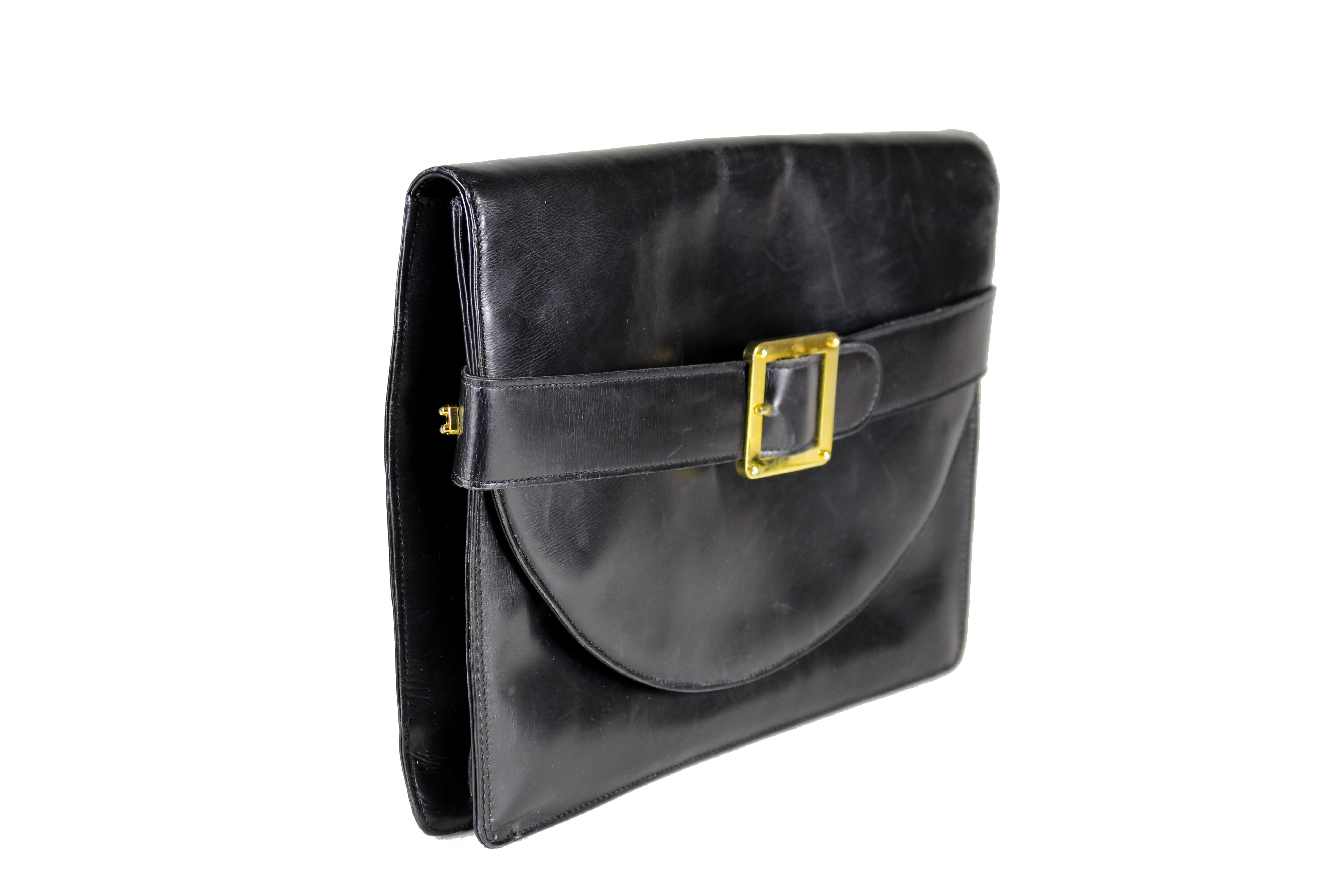LOEWE Black Leather Clutch Purse with Buckle - Elegant Women's Evening Bag for Parties, Weddings & Special Occasions
