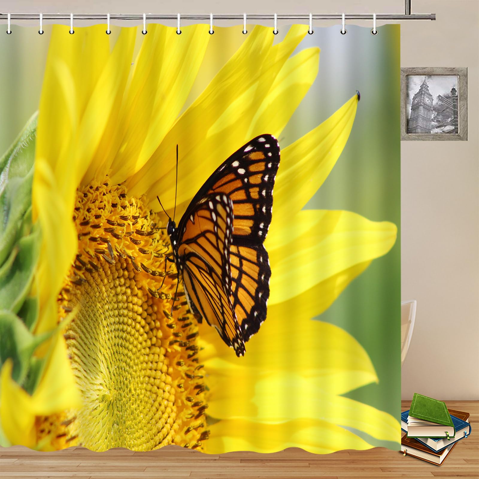 Sunflower Shower Curtain - Yellow Floral Butterfly Design, Farmhouse Bathroom Decor, 70x70 Inch Polyester Fabric with Hooks - Perfect for Spring & Fall Home Decor, Farmhouse or Cottage Style Bathrooms