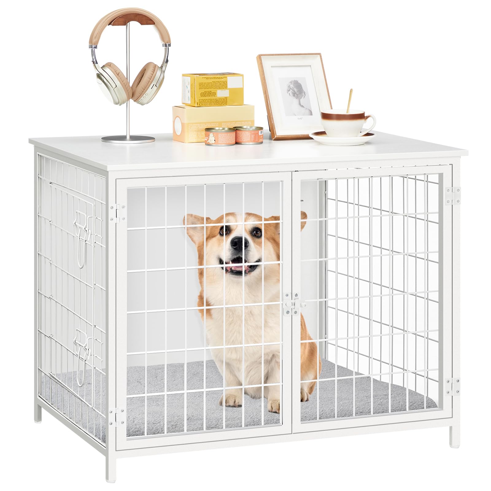 Premium Wooden Dog Crate Furniture with Plush Cushion - Double Door Heavy Duty Dog Kennel for Small Medium & Large Dogs - Indoor Dog House End Table (31.5