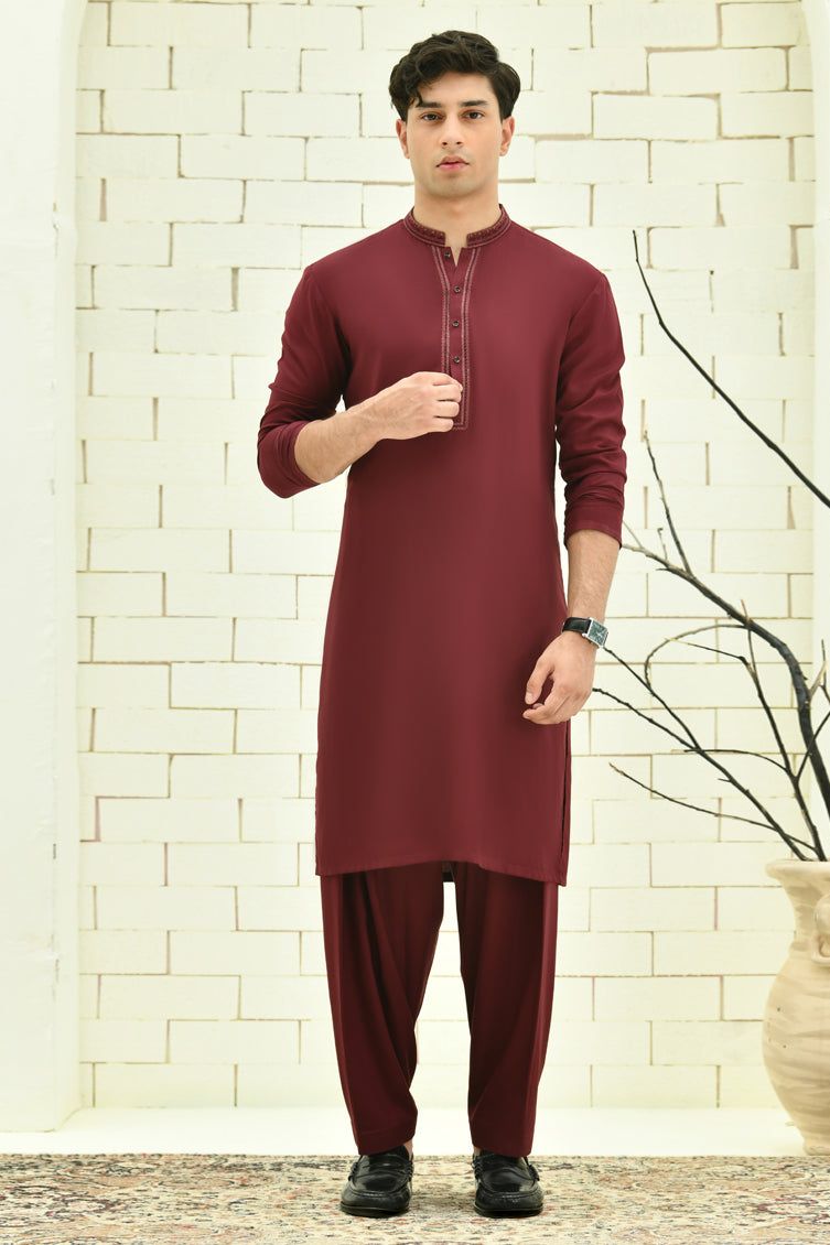 Elegant Blended Red Kameez Shalwar by J. Junaid Jamshed - Traditional Pakistani Dress for Women, Perfect for Weddings, Eid & Special Occasions