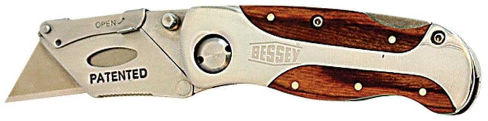 BESSEY D-BKWH Quick-Change Folding Utility Knife with Wood Grain Handle - Heavy Duty Retractable Box Cutter for DIY, Crafting, Packaging & Construction Work