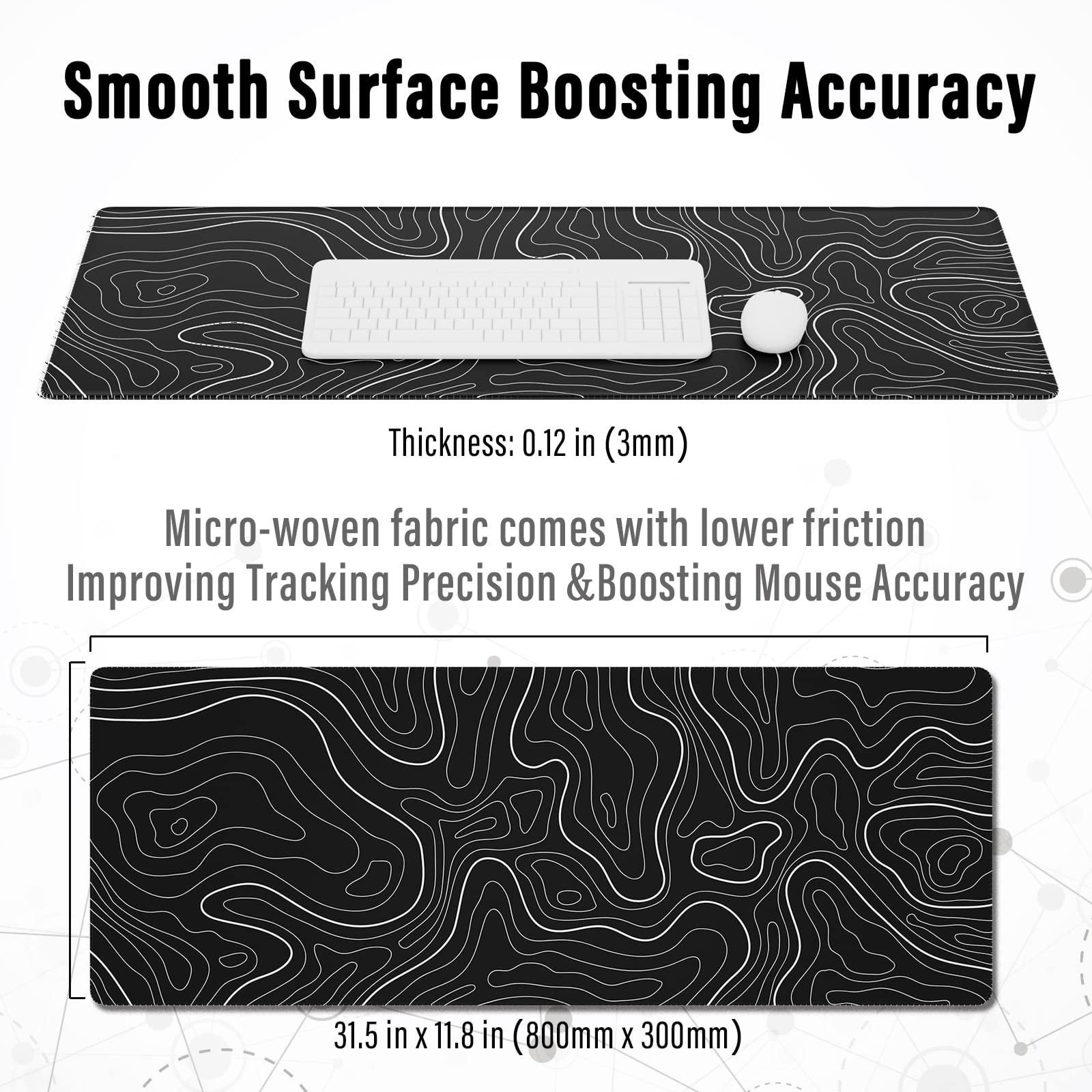 Ovenbird Large Gaming Mouse Pad 80x30cm - Non-Slip Topographic Map Design Mouse Mat for PC, Laptop, Keyboard & Mouse - Perfect for Gaming, Office Work & Home Use - Black Minimalist Computer Desk Accessory