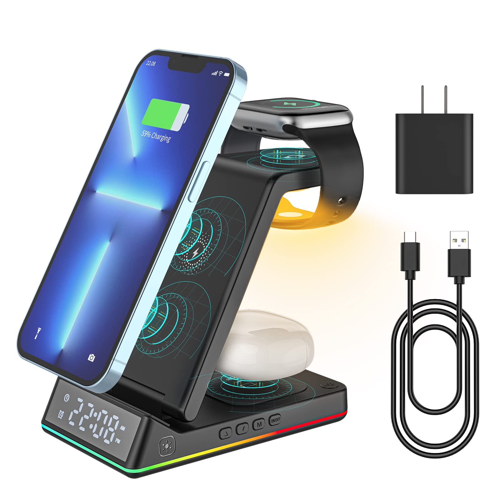 5-in-1 Foldable Wireless Charging Station for iPhone 14/13/12/11 Pro Max/Plus/Mini/X/XS/XR/SE & AirPods Pro 2/3 - Multi-Device Charger with Alarm Clock & Night Light - Perfect for Bedroom, Office, and Travel Use
