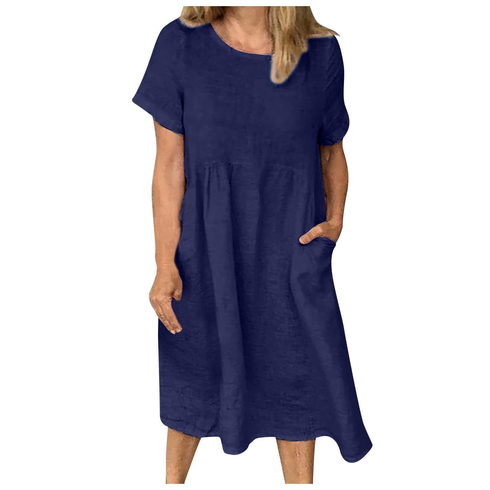 Women's Cotton Summer Casual Short Sleeve Dress - Breathable Linen Blend Knee-Length Sundress with Pockets | Perfect for Beach Outings, Picnics & Everyday Comfort