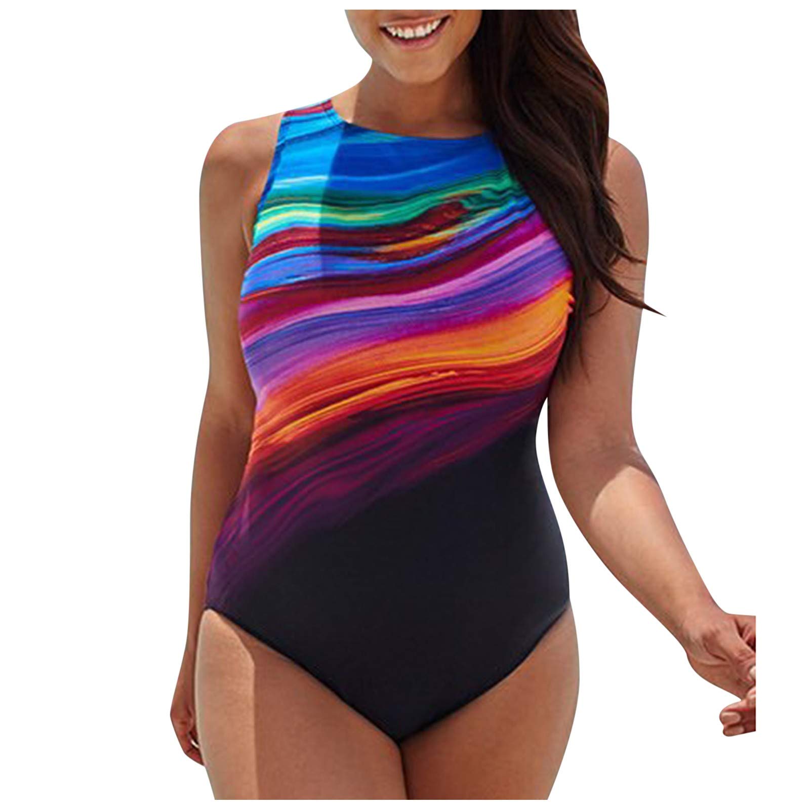Women's One Piece Swimsuit - Conservative Gradient Stripe Bathing Suit with Tummy Control | High Waisted Swimwear for Beach, Pool & Vacation | Plus Size Swimwear for Women