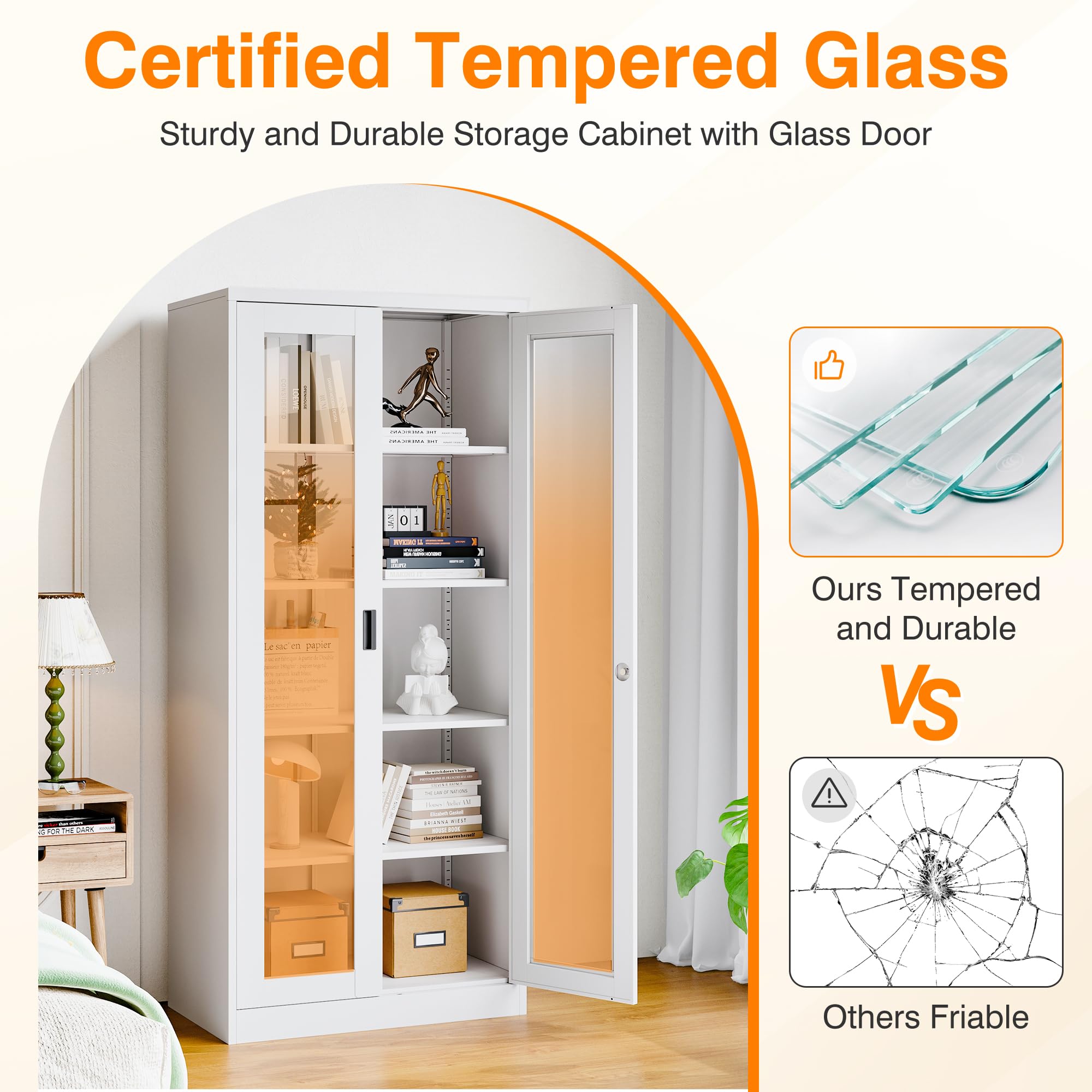 Tall Display Storage Cabinet with Tempered Glass Door - 4 Adjustable Metal Shelves for Home Office, Living Room & Study - White | Perfect for Organizing Books, Decor & Office Supplies