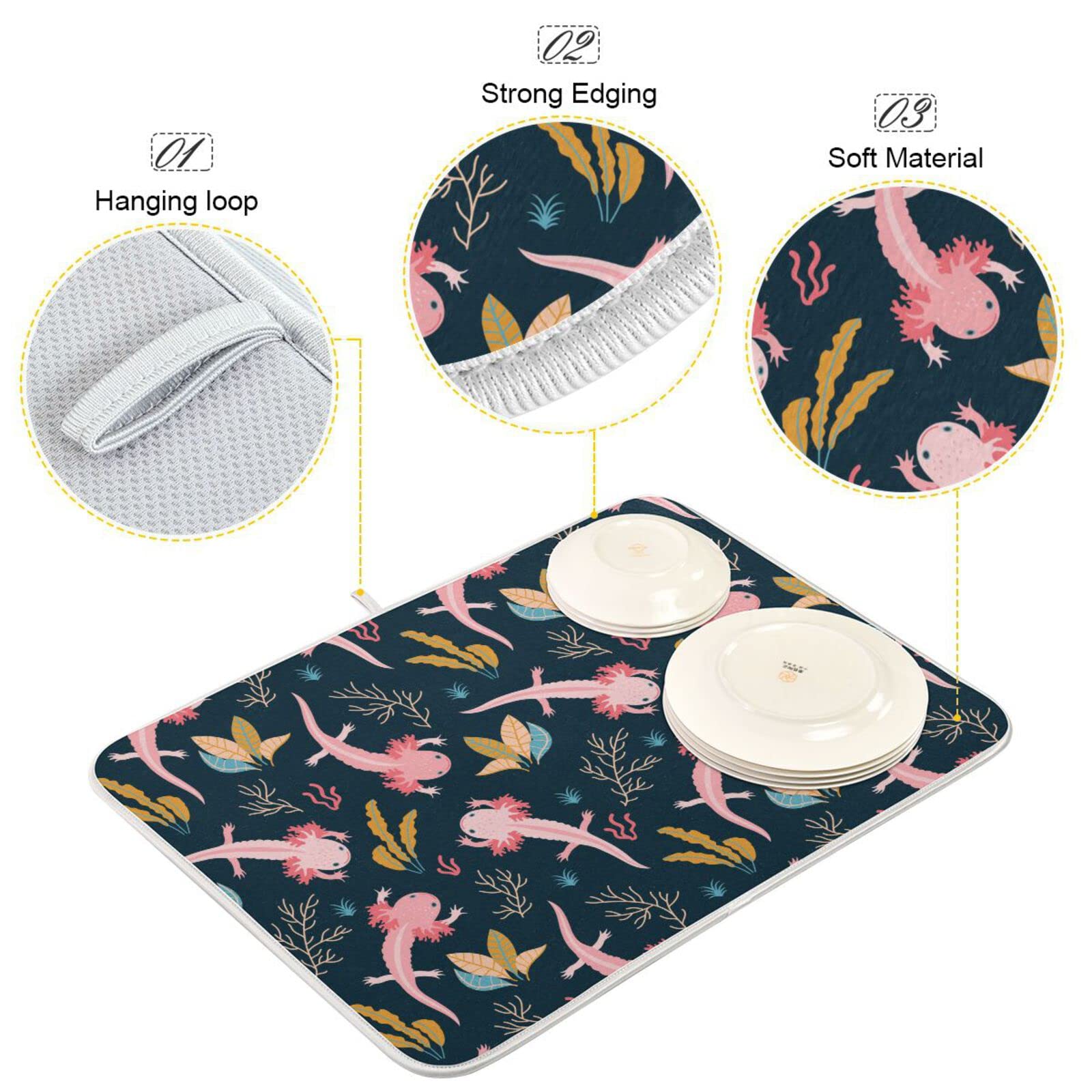 Premium Microfiber Axolotl Dish Drying Mat - 16x18 Inch Absorbent Kitchen Countertop Drainer - Perfect for Dishes, Utensils & Glassware - Cute Kitchen Decor for Modern Homes